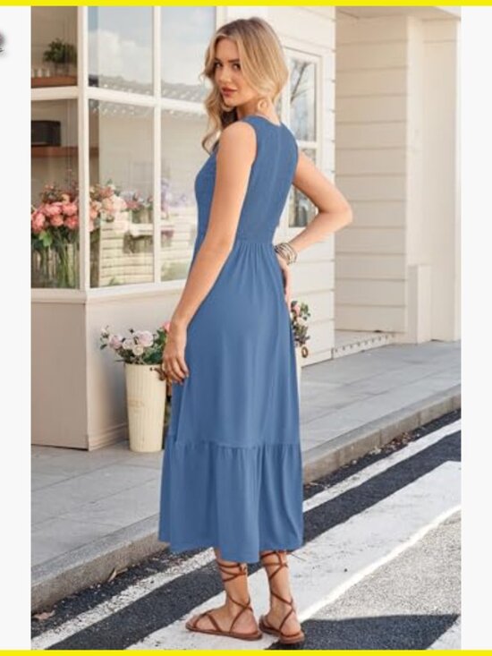 Sleeveless Maxi Dress Smocked Empire Waist Tiered Summer Sundress with Pockets - Picture 5 of 6